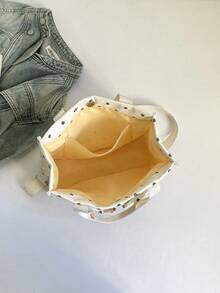 時尚休閒多口袋波點輕量購物袋，簡約大容量托特包，附可調節肩帶，適合女孩與女性購物、通勤、醫院、外出、逛商場使用 - 白色 - 查看 6