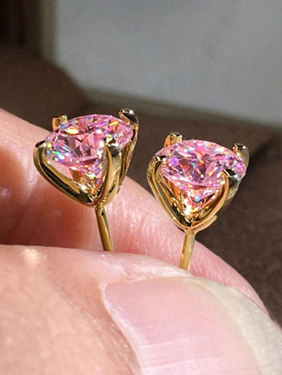 1 Stück romantische Ohrstecker mit kubischem Zirkonia für Frauen, Hochzeits- und Verlobungsparty-Schmuck, Valentinstag-Geschenk - Goldgelb - Übersicht 1
