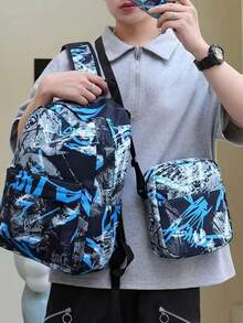 Men's 2-Piece Graffiti-Print Nylon Backpack And Crossbody Bag Set, Street Style, Suitable For Teenage Boys To Go To School (Back-To-School Backpack). - Blue - View 4