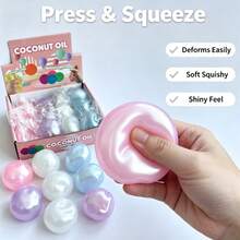 1 pièce Balle squishy à l'huile de coco, jouet anti-stress à l'éclat perlé, balle à presser à la sensation d'huile douce, couleurs multiples, emballage en boîte d'affichage, jouet sensoriel mignon à tenir en main et cadeau de fête pour enfants et adultes--Style aléatoire - Multicolore - Voir 3
