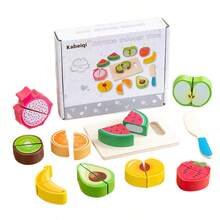 Mainan Dapur Kayu, Set Dapur Bermain Peran, Permainan Memasak Simulasi, Termasuk Memotong Buah dan Sayuran Realistis, Penuh Keseruan - MultiWarna - View 2