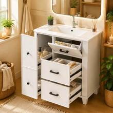 76.5 X 47 X 83.5 Cm, Freestanding Washbasin, Fully Lacquered, Side Drawer, Integrated Ceramic Basin, Quiet-Running Slides, White. - White - View 11