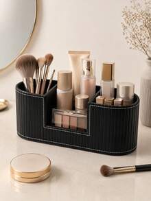 Light Luxury Style PU Leather Makeup Organizer Box, 3 Compartments, Desktop Vanity Makeup Brush & Lipstick Holder,Bedroom Room Decor,Back To School - View 10