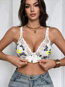Women's Lace Patchwork Butterfly Print Front Closure Underwire Bra - White - View 1