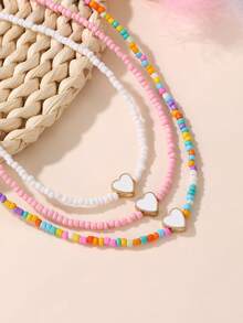 NAIZHU 3pcs/Set Heart-Shaped Seed Bead Necklace Set, Daily Holiday Party Accessories, Girls Gift, Random Color - Multicolor - View 4
