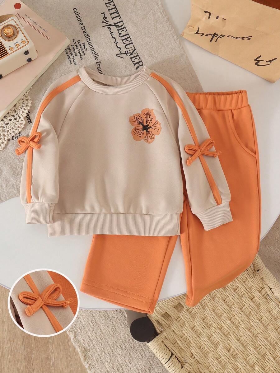 2pcs Baby Girl Cute Casual Printed Raglan Long Sleeve Bow Sweatshirt + Straight Leg Pants Set, Thin Spring/Autumn Outdoor Sports - Apricot - View 1