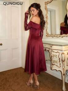 QUNGIGU Women Off Shoulder Midi Dress Lace Long Sleeve Satin A Line Elegant Apparel For Evening Party Wedding Guest - Red Violet - View 4