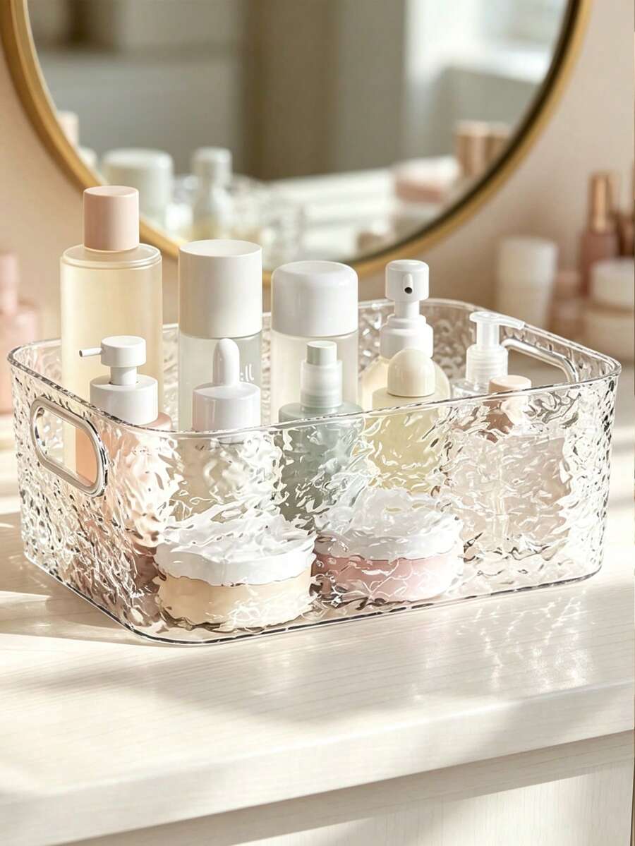 1/2pcs Water Ripple Texture Transparent Storage Box With Dual Handles, Acrylic Cosmetic Organizer Basket, Desktop Storage Box Suitable For Makeup, Skincare, Bathroom Countertop And Vanity