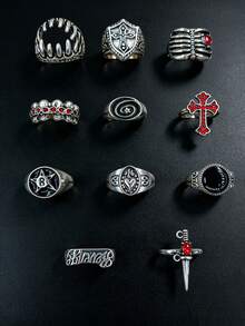 11pcs Gothic Men's Ring Set Punk Hip Hop Multi-Piece Finger Rings Party Vacation Daily Wear Fashion Jewelry Gift Unisex - Silver - View 12