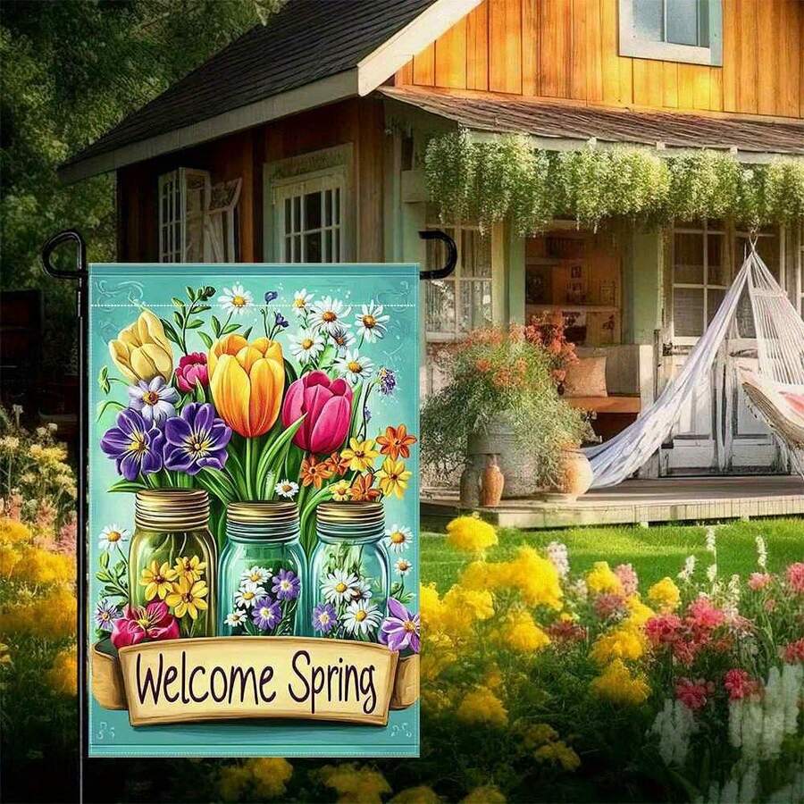 1pc Single-Sided Printed Garden Flag, Durable Polyester Material, No Flag Pole, 2D Flat Print, Spring Floral Garden Flag