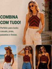 Women Knit Tops - Brown and Red - View 5