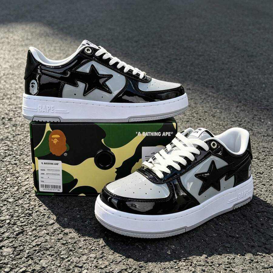 A BATHING APE 1 Pair Unisex BAPE STA Star Logo Low-Top Casual Sneakers For Daily Commute And Sports - Mirror Black Light Grey - View 1