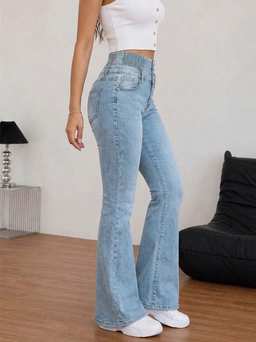 Women's Single-Breasted Slim-Fit Stretch Denim Flared Trousers Casual Spring - Light Wash - View 1