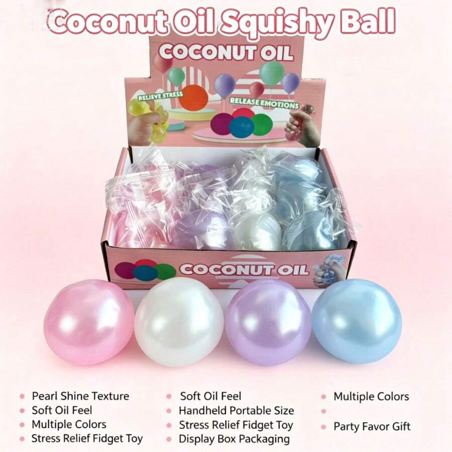 1 pièce Balle squishy à l'huile de coco, jouet anti-stress à l'éclat perlé, balle à presser à la sensation d'huile douce, couleurs multiples, emballage en boîte d'affichage, jouet sensoriel mignon à tenir en main et cadeau de fête pour enfants et adultes--Style aléatoire