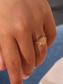 5PCS/1PC Vintage Gold Sun Evil Eye Star Rhinestone Open Ring Set, Stainless Steel Adjustable Finger Rings, European & American Bohemian Style Women's Stackable Jewelry Holiday Gift - Gold - View 3