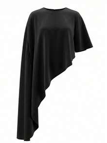 Women's Solid Color Asymmetric Sleeveless Cape Top, Suitable For Office And Brunch Occasions - Black - View 11