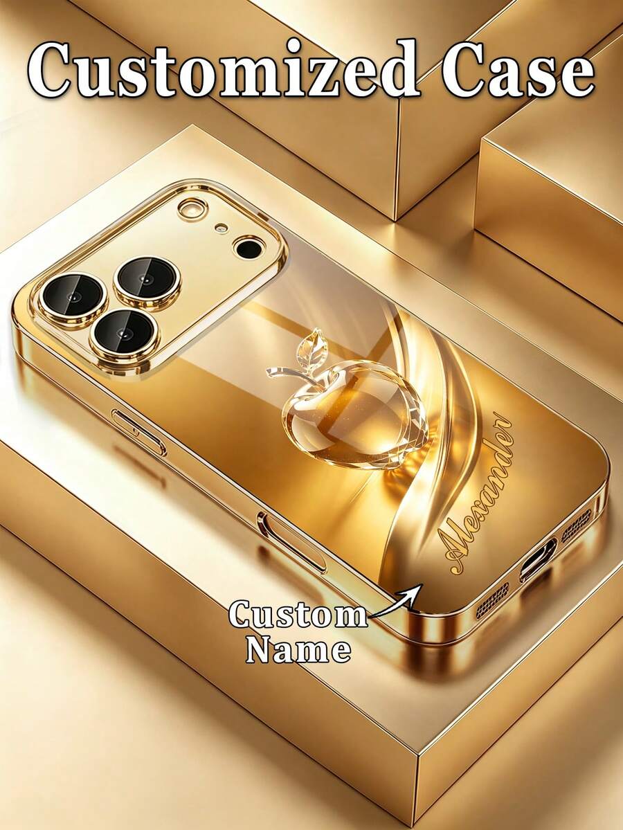 1件 DIY 定製獨家姓名奢華金亮面水晶蘋果印花高畫質電鍍金玻璃手機殼，適用於 iPhone 17/17Pro/17ProMax/17Air/16/16Pro/16ProMax/16Plus/15/15Plus/15Pro/15Promax/14/14Pro/14Promax/13/12/11/XRMax/8/7/6Plus，全包覆優雅華麗高吸引力保護殼