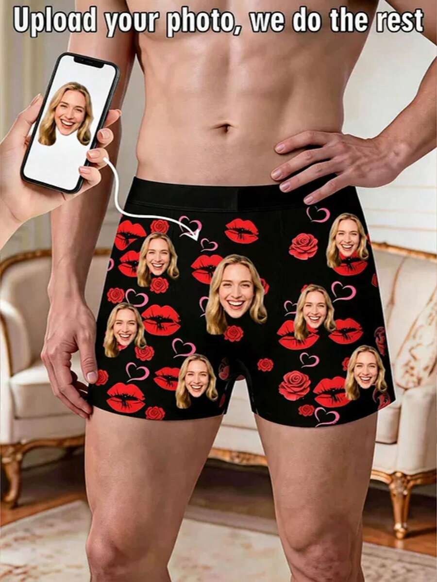 Custom Cartoon Portrait Men's Boxer Briefs Personalized Photo Underwear Rose Lip Print Gift For Him - Multicolor - View 1