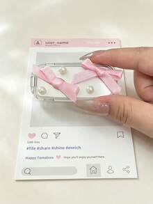 1件透明鏡面手機支架，附3D愛心蝴蝶結花朵娃娃，化妝鏡手機架，時尚背膠可折疊鏡面貼紙，橫向與縱向雙用便攜式桌面支架 - 彩色 - 查看 5