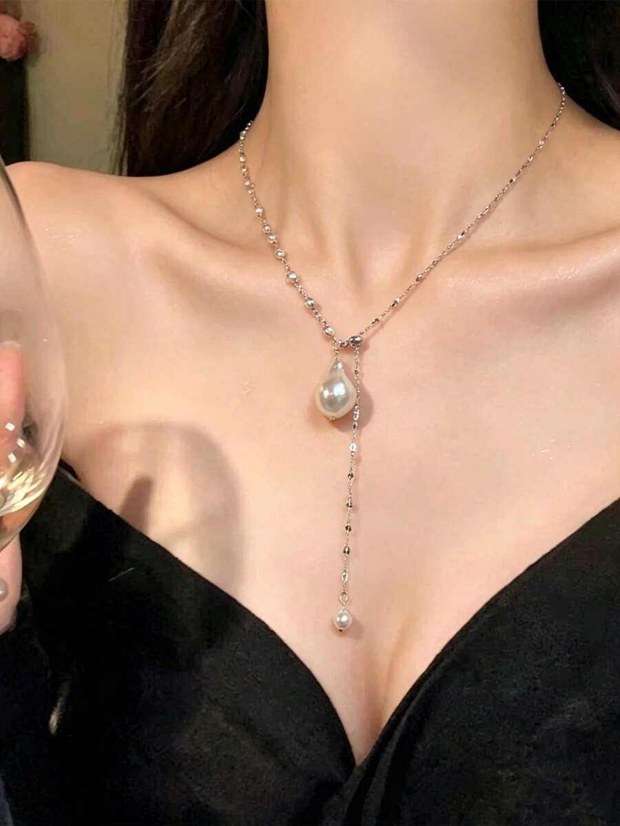 法式溫柔 Y 型珍珠流蘇可調節項鍊 女款,奢華小眾高端拼接鎖骨鏈頸鍊 - 白色 - 查看 1