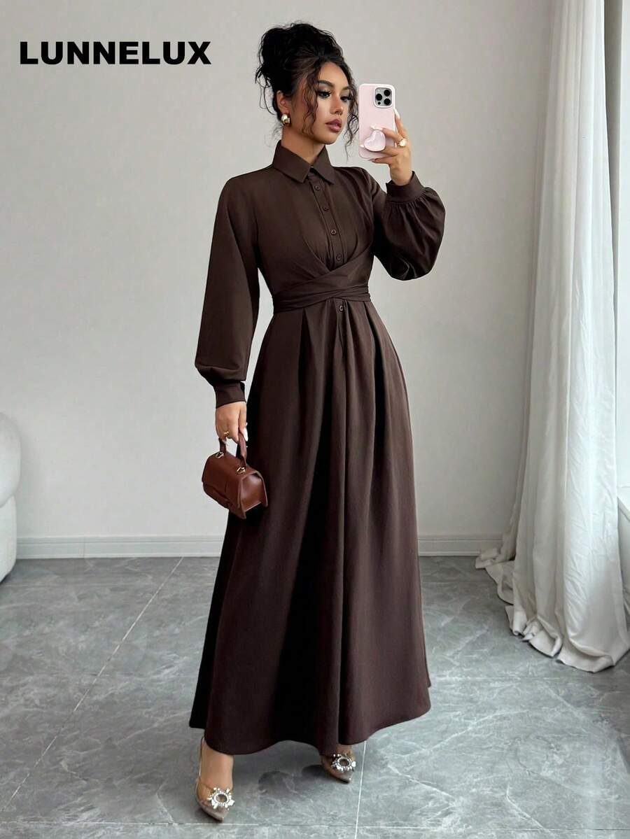 LUNNELUX 女款秋冬服飾，優雅 A 字裙配鈕扣設計，長款優雅洋裝，適合辦公穿著、春季穿搭、休閒、婚禮、派對洋裝