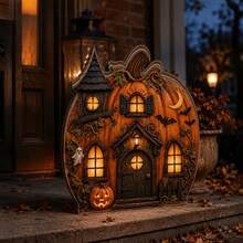 Estatueta Vintage de Casa de Abóbora de Halloween em Madeira, Casa Assombrada com Fantasma, Suporte de Abóbora, Decoração Rústica de Outono para Lareira, Ornamento para Criado-Mudo de Fazenda, Presente de Halloween - A - Visão 5