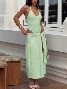 2pcs/Set Lace-Up Backless Bodysuit And Midi Wrap Skirt Outfit, Sexy Clothing Set Summer Elegant - Green - View 4