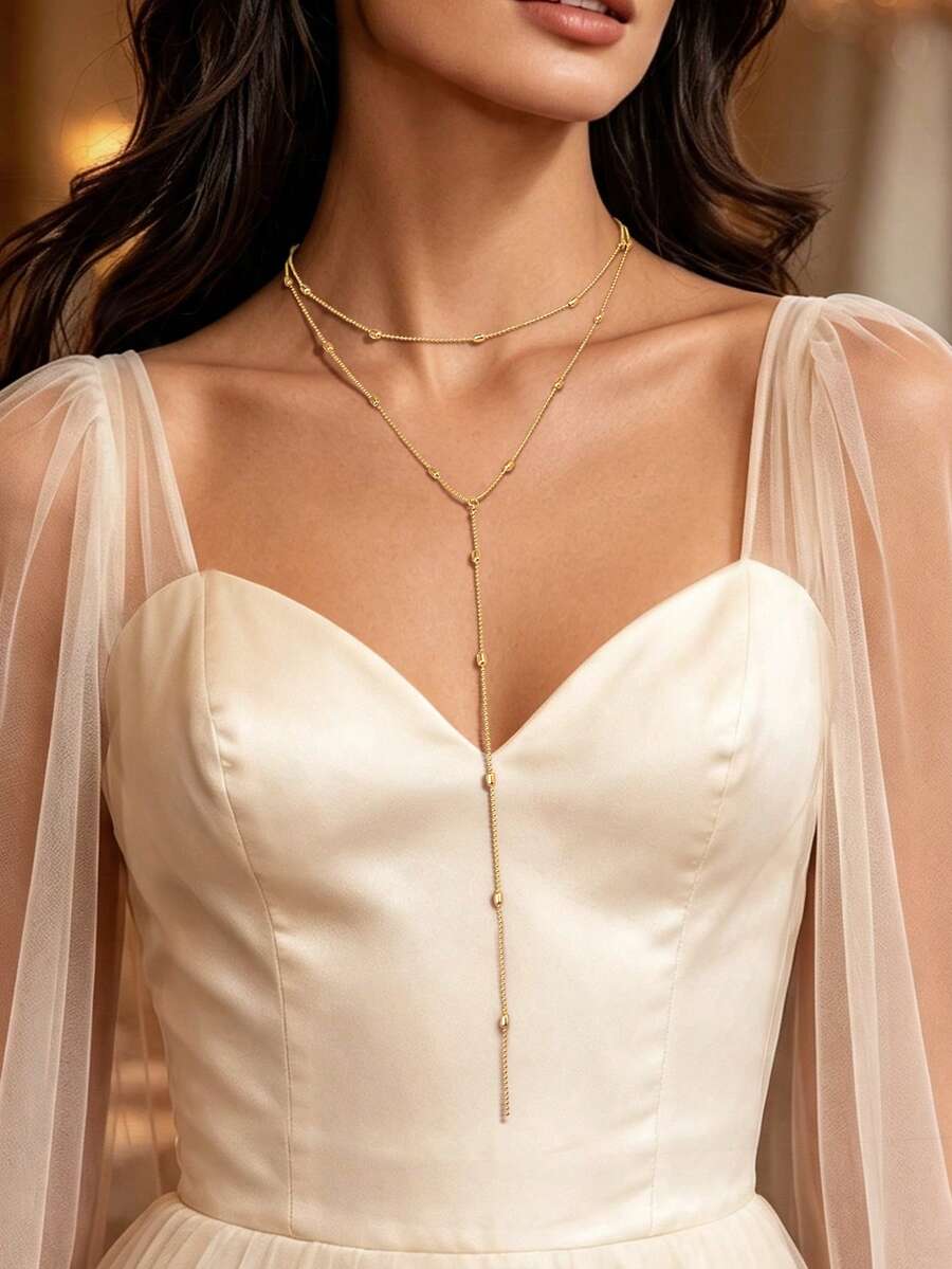 1 pieza Collar de cadena larga de doble capa con cuentas de cobre dorado - Amarillo Oro - Ver 1