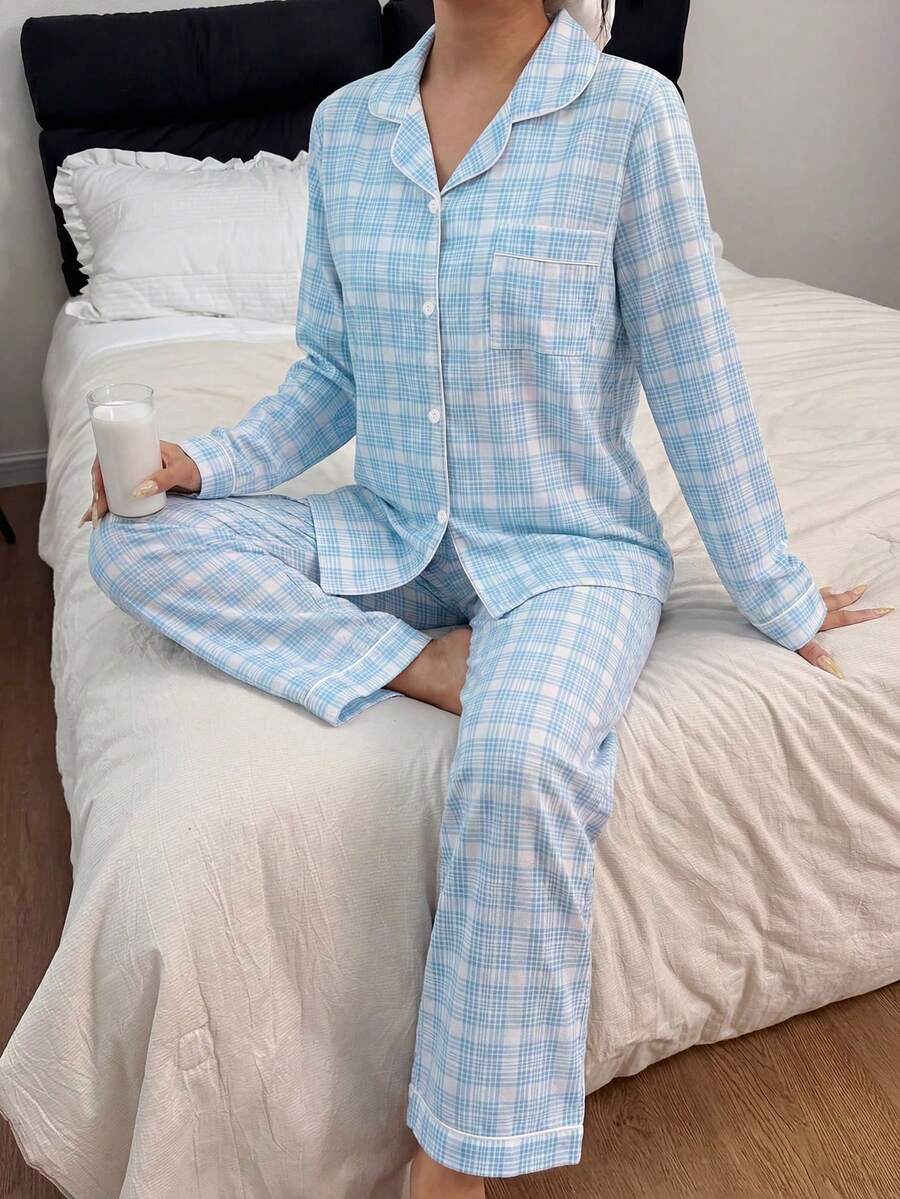 Dreamivo 2pcs Women's Light Blue & White Plaid, Notch Collar Long Sleeve Button Front Top With Pockets, Wide Leg Pants - Multicolor - View 1