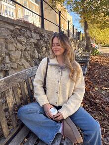 Women's Sweet Bow Tie Cardigan, Soft Fuzzy Button Up Cardigan For Coffee Date, Weekend And Christmas - Apricot - View 8