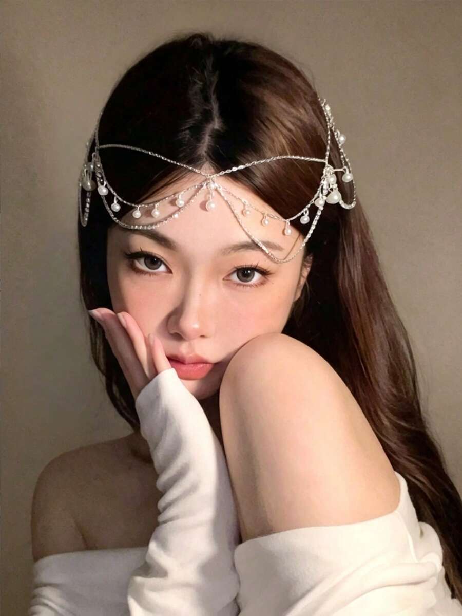 1件波希米亞風水鑽仿珍珠手工金屬鏈條頭飾仙女風日常佩戴髮飾,適合約會、新娘、節日派對 - 銀色 - 查看 1