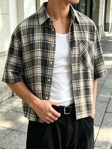 Camisa holgada de manga corta a cuadros para hombres (con botones) - Azul - Ver 3