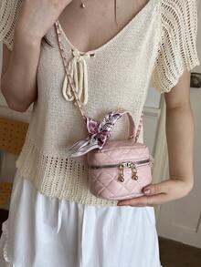 Pink Rhombus Chain Small Square Bag Mini Handheld Makeup Bag Versatile Crossbody Bag Heart Pendant Commuter Handbag - Pink - View 9
