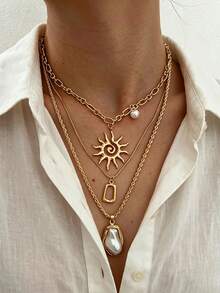 3pcs Vintage Elegant Bohemian Style Women's Baroque Asymmetric Pearl Sun & Asymmetrical Geometric Pendant Necklace, Suitable For Daily Wear And Summer Beach Vacation, Versatile Gift - Gold - View 4