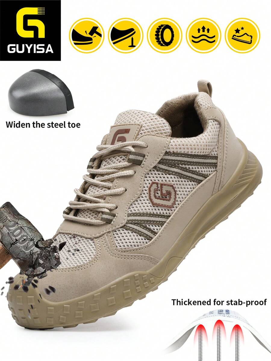 GUYISA Men's Khaki Professional Anti-Crush Anti-Puncture Protective Shoes, Workwear Series Solid Sole Oil-Resistant Acid-Alkali Resistant Lightweight Breathable Summer Functional Shoes - Khaki - View 1