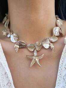 1pc Bohemian Style Ocean Vacation Gold Starfish Shell Multi-Pendant Women's Necklace, Suitable For Women's Beach Vacation, Party, Casual Wear, Multi-Functional Women's Jewelry - Durable All-Year Gift, Necklace Charm, Ocean Theme Jewelry, Stable Color Beads, Holiday Gift - Multicolor - View 9