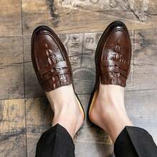 Brown Crocodile Embossed Penny Mule Loafers Men's Backless Slip-On Shoes Party Versatile Casual Men's Shoes - Brown - View 9