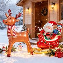 2pcs 3D Standing Reindeer And Santa Sleigh Foil Balloon Set, Christmas Reindeer Pulling Sleigh Polyester Film Balloon, Merry Christmas Party Decoration, Christmas Holiday Decor - Christmas Scarf Reindeer + Sleigh Santa - View 3