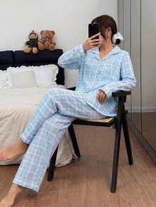 Dreamivo 2pcs Women's Light Blue & White Plaid, Notch Collar Long Sleeve Button Front Top With Pockets, Wide Leg Pants - Multicolor - View 5