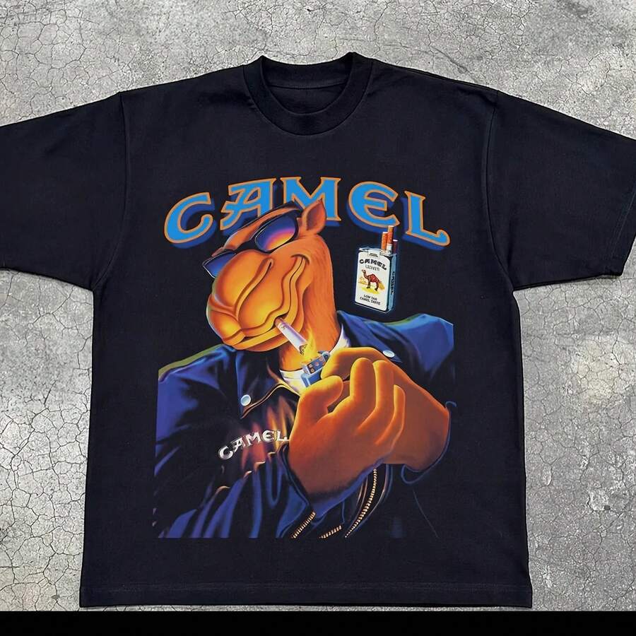 Retro Car Camel Cigarettes T-Shirt Vintage Cotton Tops Tees Short Sleeve Casual Streetwear Oversized Women Clothing Harajuku - Shape - View 1