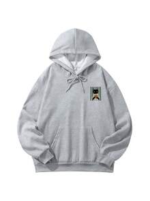 Women's Back Print Sweatshirt, Black Cat & Coffee Cup Cartoon Pattern Loose Casual Hooded Sweatshirt - Dark Gray - View 4