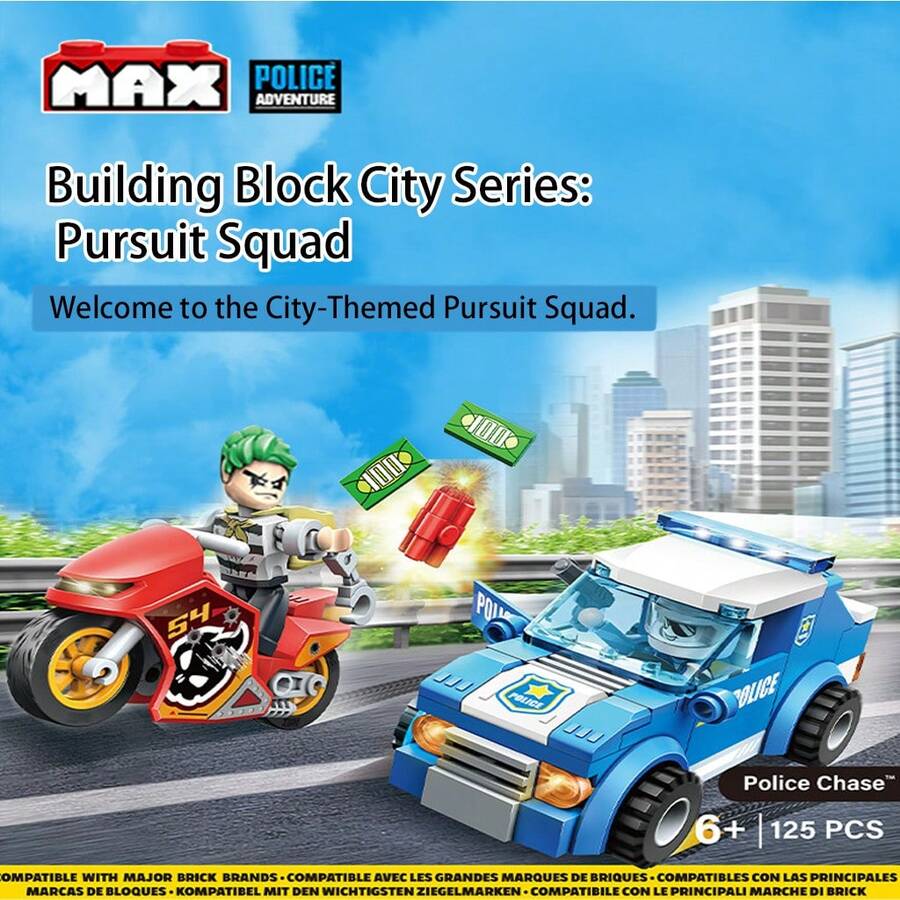 ZURU MAX- Max City Series Pursuit Squad Building Block Motorcycle And Police Car Toy Interactive Toys Motorcycle Building Block Toy Toys For Boys - Blue - View 1