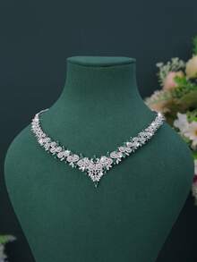 5pcs V-Shaped Design Green Cubic Zirconia Inlaid Jewelry Set, Luxury Exquisite Series Including Necklace, Bracelet, Earrings, Ring, Suitable For Women's Daily Wear, Party, Banquet, Wedding, Friend Gift (Gift Box Packaging) - V-neck Design - View 6