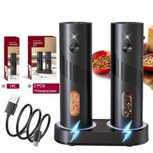 Electric Salt & Pepper Grinder (1pc Or 2pcs Optional), 2pcs Set With Charging Base, One-Hand Adjustable Coarseness, Battery Powered, Kitchen & Dining Table Seasoning Tool Or Gift, Minimalist Black Design - Set - View 2