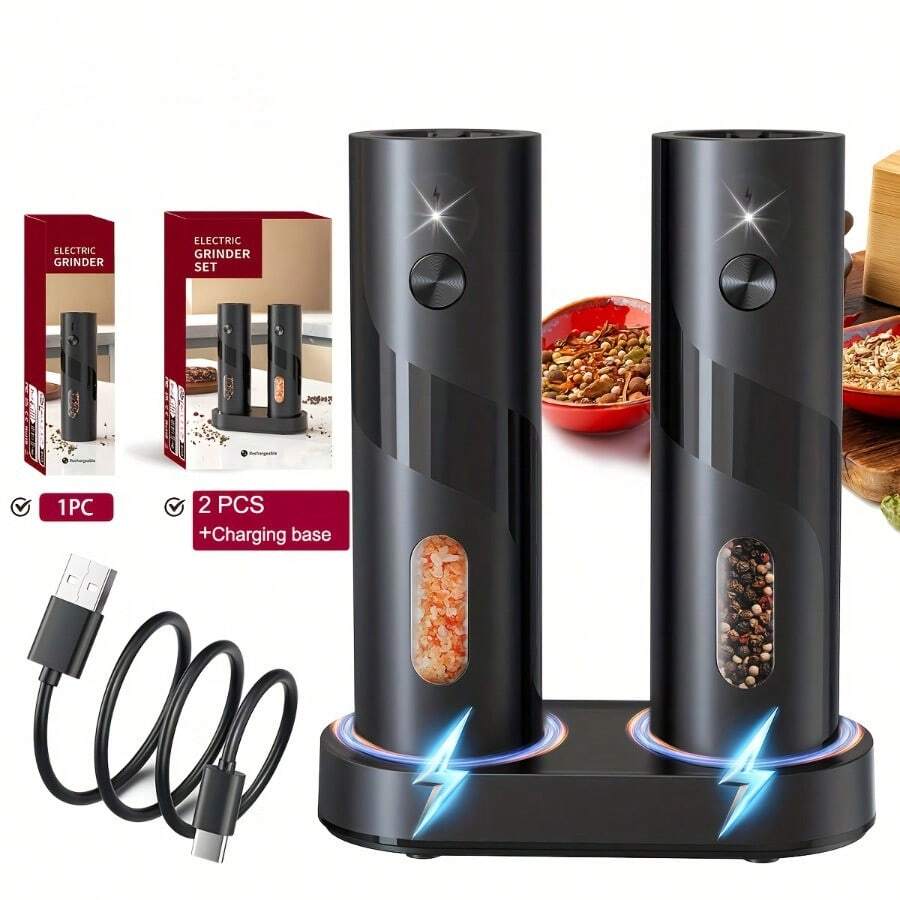 Electric Salt & Pepper Grinder (1pc Or 2pcs Optional), 2pcs Set With Charging Base, One-Hand Adjustable Coarseness, Battery Powered, Kitchen & Dining Table Seasoning Tool Or Gift, Minimalist Black Design