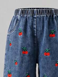 Tween Girls' Elastic Waist Denim Wide Leg Long Pants, All-Over Cherry Embroidery Washed Soft Denim Straight Leg Pants, Children's Casual Versatile Loose Long Pants - Blue - View 5