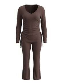 LovelyWholesale Women Solid Ribbed V Neck Long Sleeve Top With Side Ruched Drawstring, High Waist Stretch Flared Leg Pants 2 Pieces Loungewear Set Casual Outfit - Brown - View 4