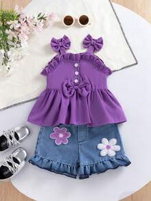 2pcs Baby Girl Summer Cute Bowknot Strap Top And Floral Decor Shorts Set, Fashionable Outfit For Daily, Outdoor, Commute, Vacation, Party, Photoshoot - Purple - View 2