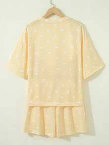 Acelitt Blassgelbes Polka-Dot 2-teiliges Casual-Set, Kurzarm-Top & Shorts mit Kordelzug, geeignet für Sommer, Zuhause, Lässig, elegant - Gelb - Übersicht 4