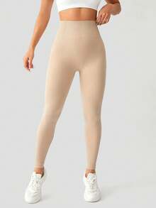 Legging Fitness Tanpa Jahitan dengan Tekstur Campuran Minimalis, Celana Ganda untuk Bersantai & Berolahraga - Aprikot - View 2